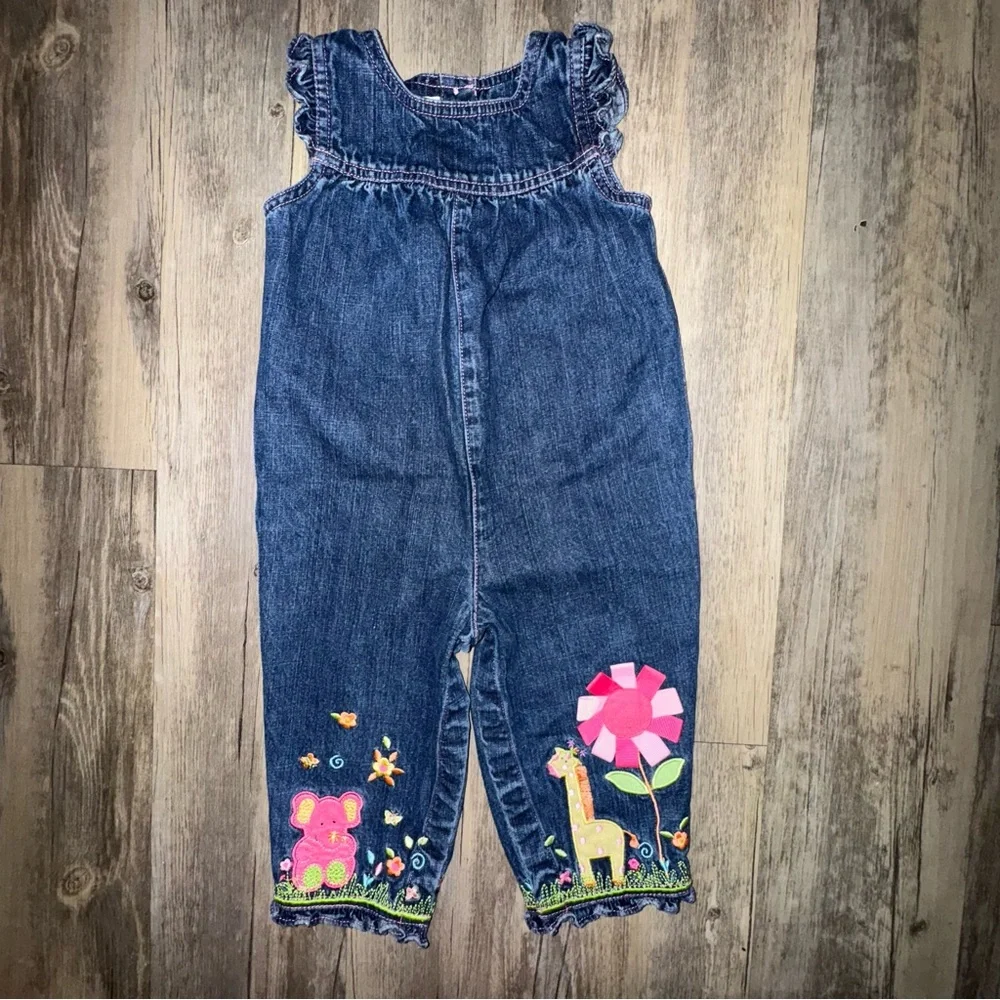 Vintage Talbots Kids Denim Romper with Pink and Green Embroidery